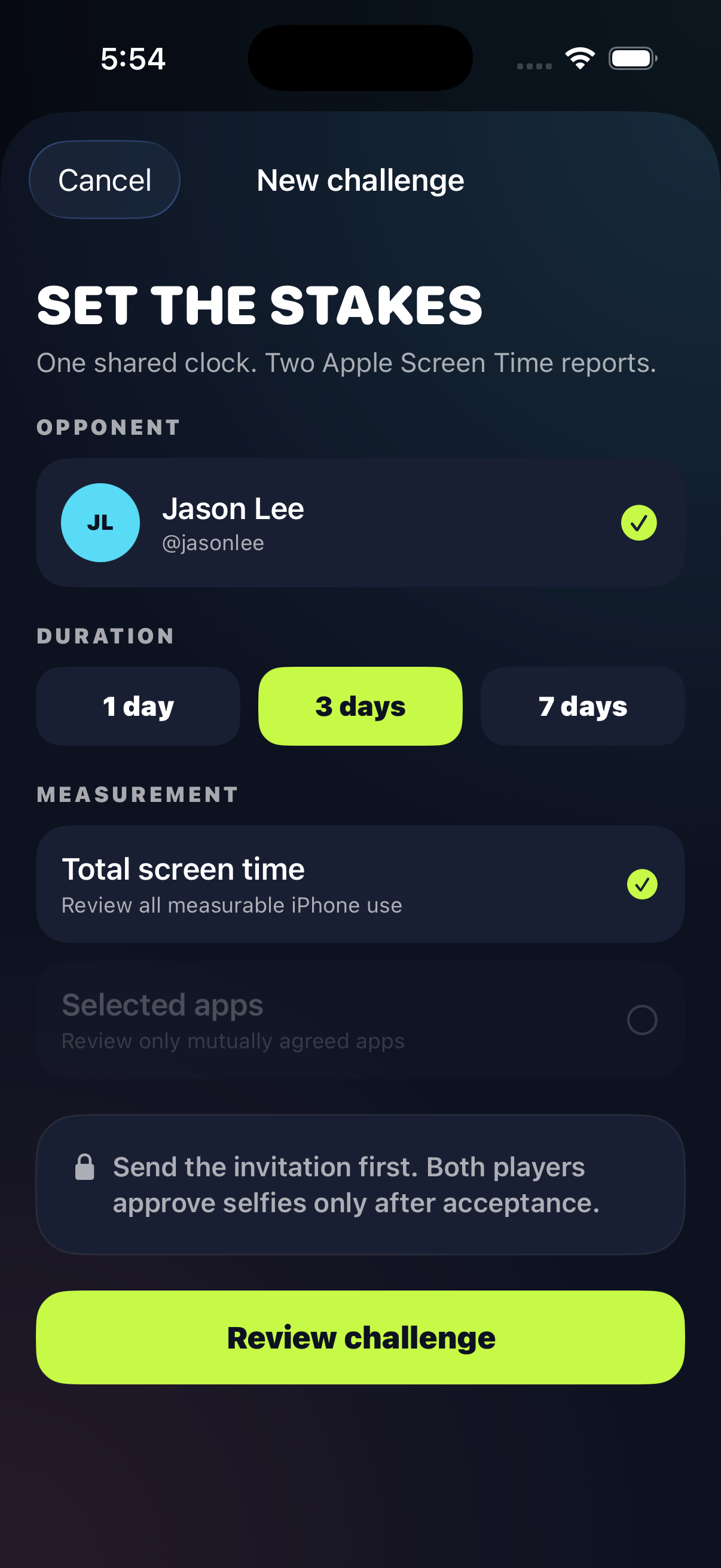 Clash app screen for setting a challenge duration and measurement